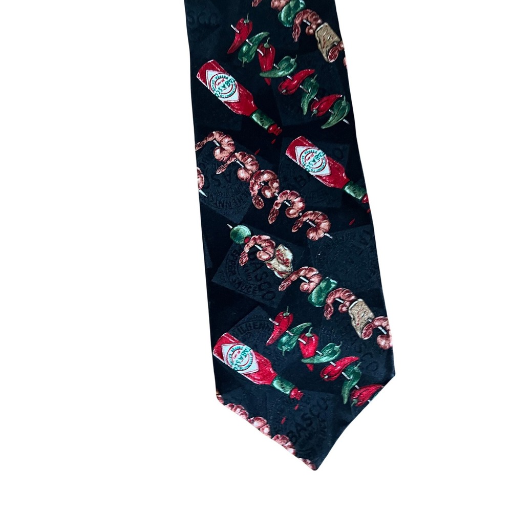 Tabasco Mens Silk tie‎ Black Hot Sauce Shrimp Skewers Chili Pepper Novelty Tie